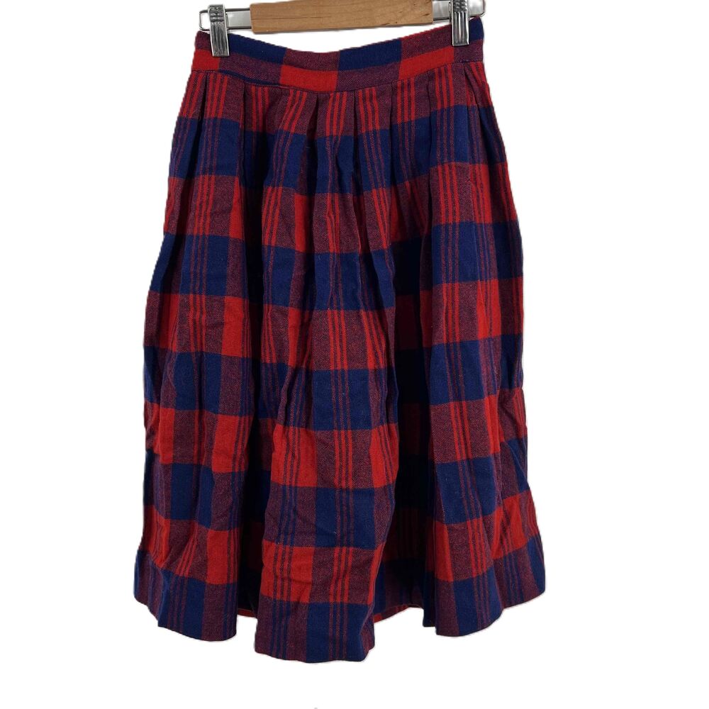 Vintage Red Blue Plaid Pleated‎ Wool Skirt Handmade Womens Size XS